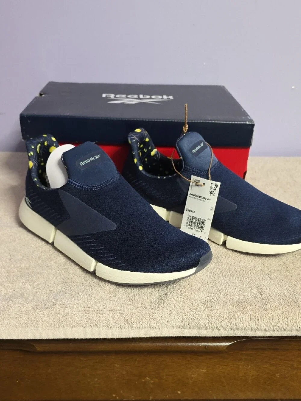 Reebok Women’s DailyFit DMX Slip-On Sneakers - Navy with Yellow Accent